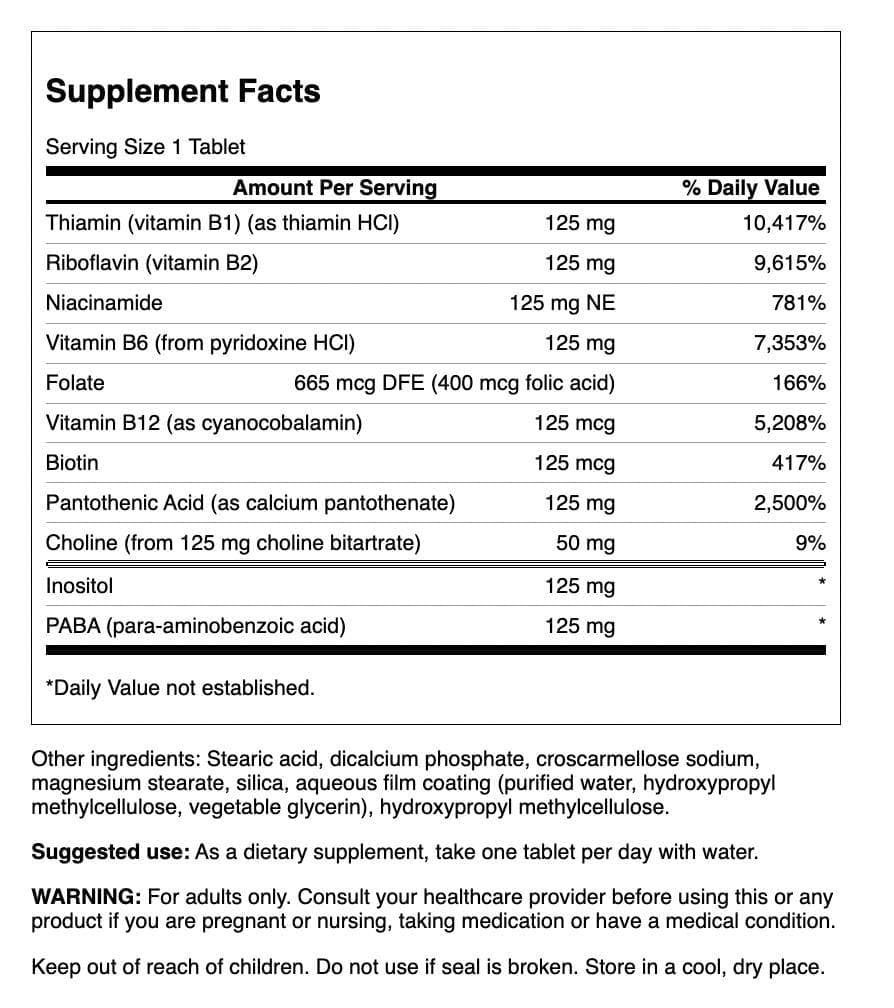 Swanson B-125 Complexe – comprimés, pratique pour un apport quotidien en vitamine B.