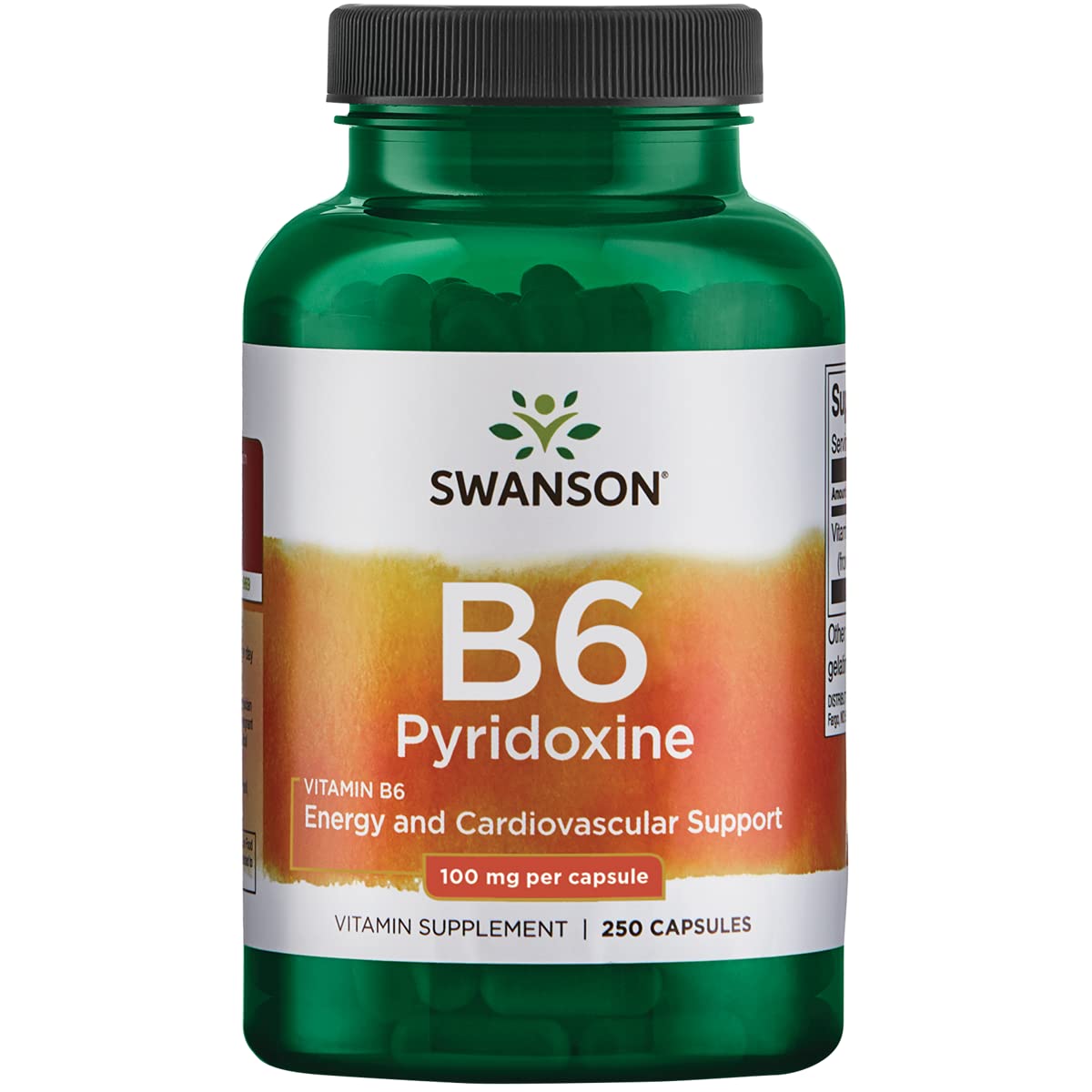 Gélules Swanson B6 Pyridoxine dans la bouteille, soutien énergie et métabolisme