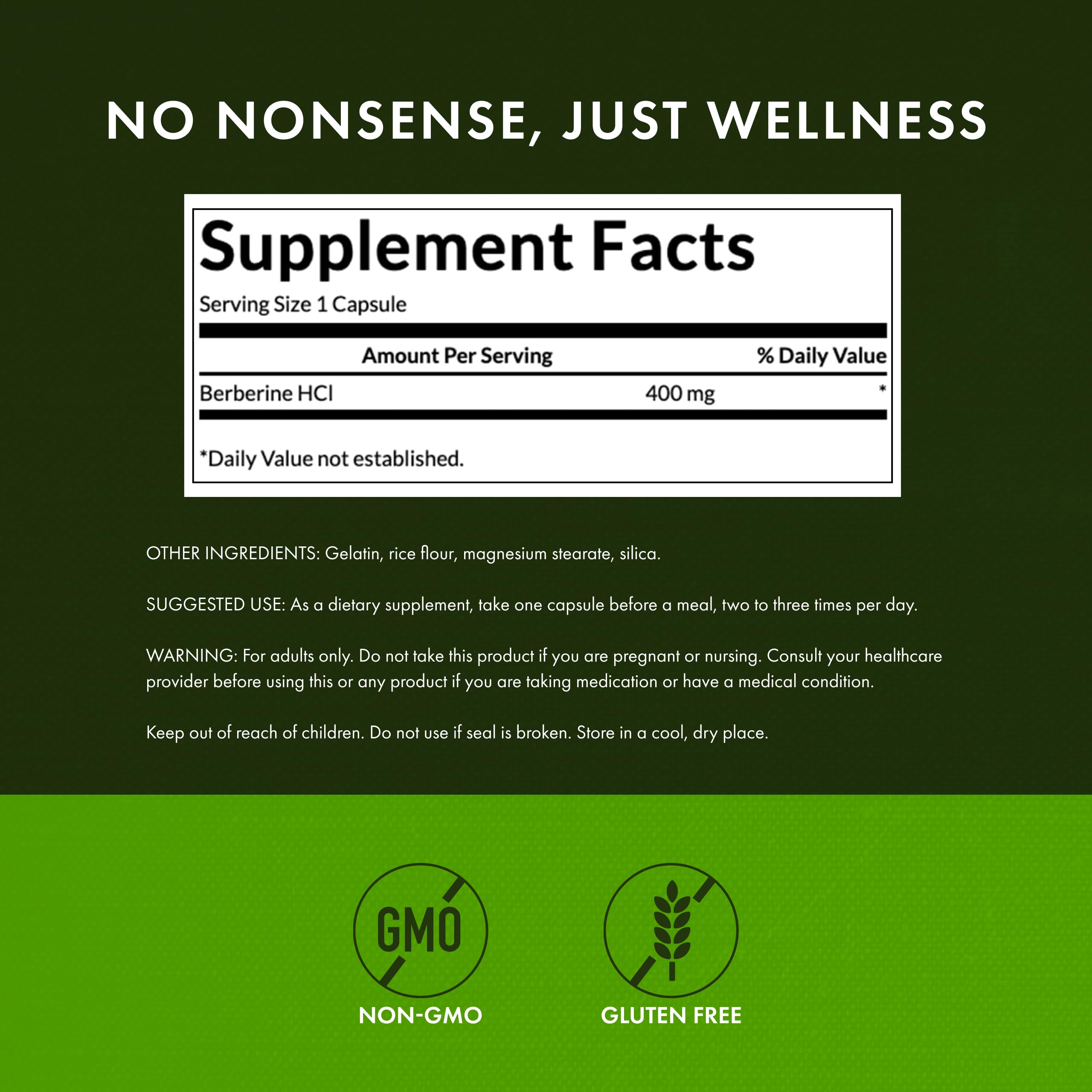 Swanson Berberine: étiquette non-GMO et gluten-free sur l'emballage.