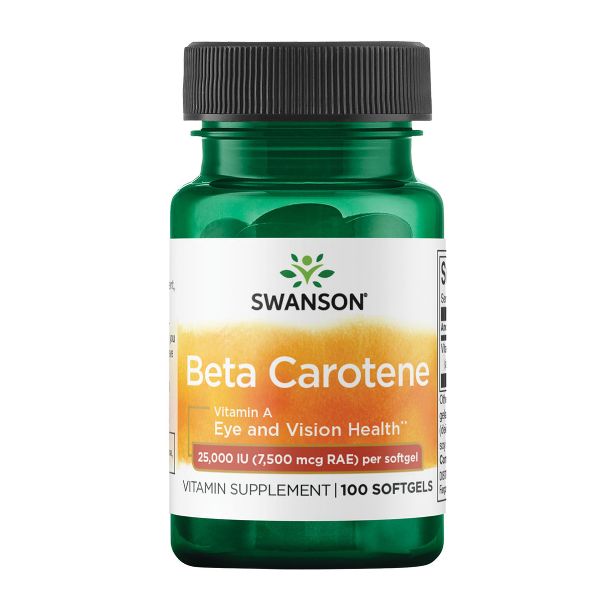 Swanson Bêta-Carotène – gelules et etiquette, soutien potentiel à la vision.