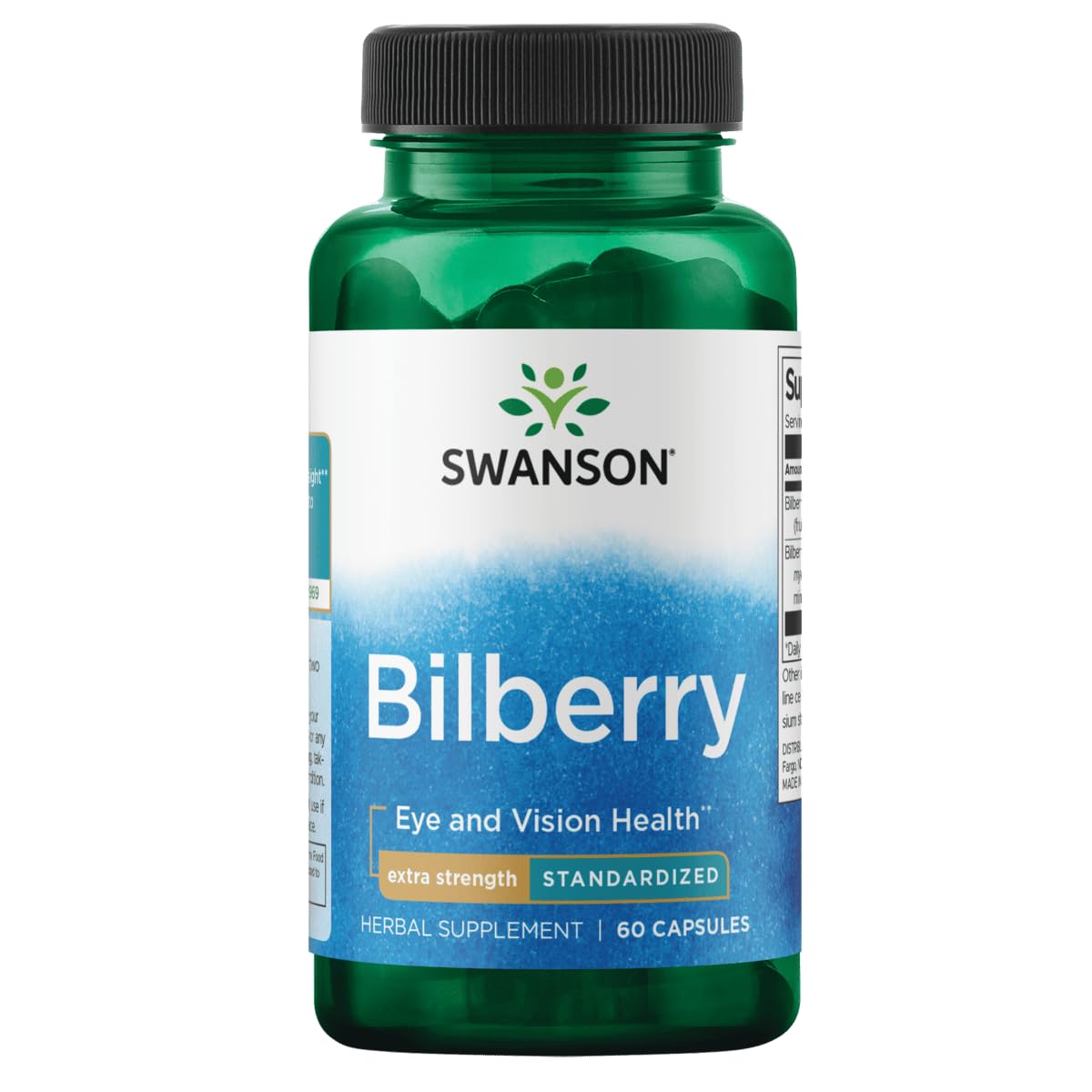 Swanson Bilberry Extra Puissance – Bouteille ouverte, soutien potentiel à la vue.