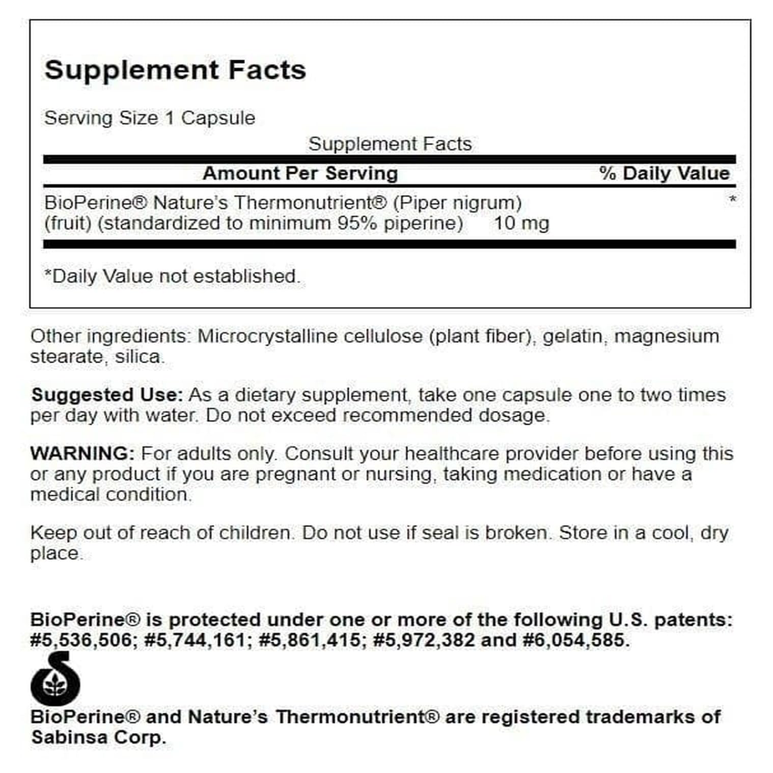 Swanson Bioperine, étiquette lisible, concentration de 10 mg pour la routine nutritionnelle.