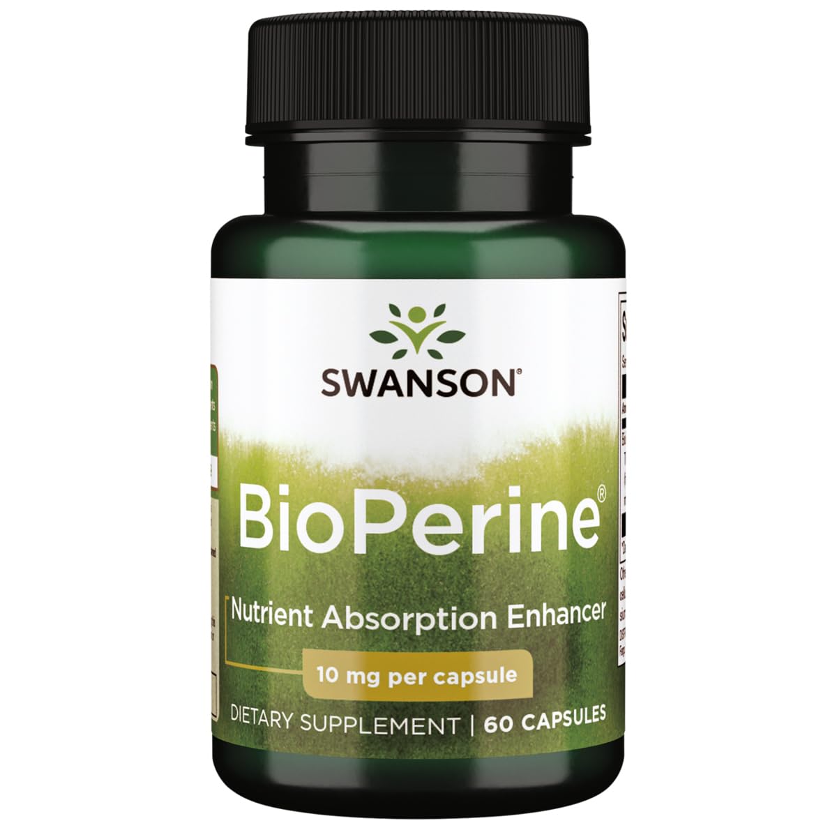 Swanson Bioperine, bouteille de capsules, amélioration potentielle de l'absorption des nutriments.