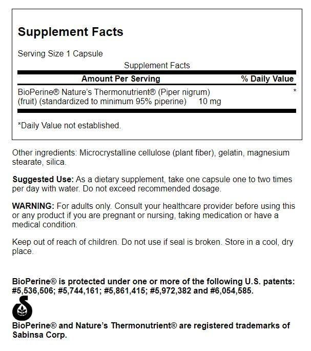 Swanson Bioperine, étiquette produit, traçabilité et pureté vérifiée pour votre routine.