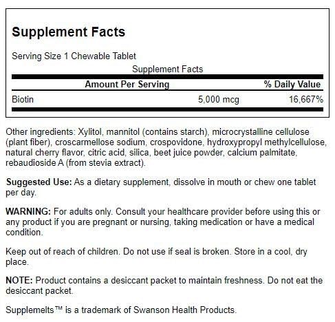 Swanson Biotine Sublingual 5000 mcg, comprimés visibles, peau et ongles sains