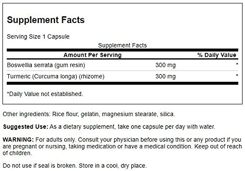 Swanson Boswellia Curcumin: bouteille et étiquette visibles, dosage quotidien simple.