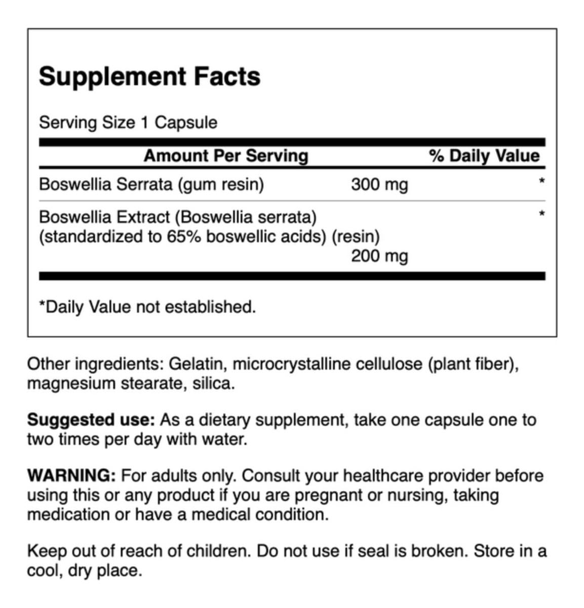 Étiquette Swanson Boswellia Serrata et contrôle qualité GMP, standardisation des acides boswelliques