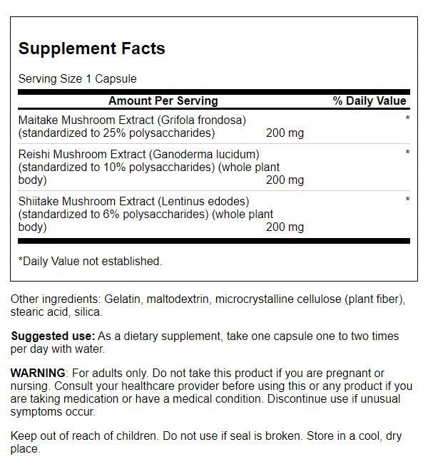 Swanson Bouteille de capsules champignons standardisés prête à soutenir votre routine bien-être.