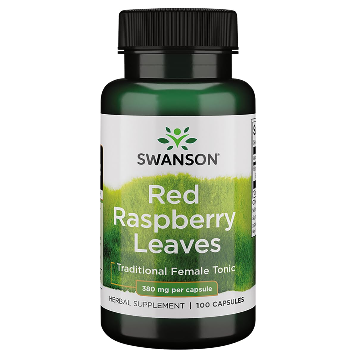 Bouteille Swanson de feuilles de framboisier rouge, 380 mg, soutien digestif et respiratoire potentiels.
