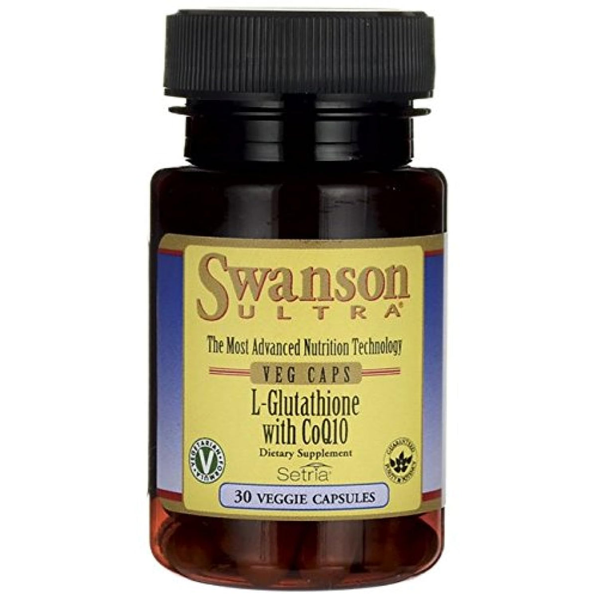 Swanson ULT L-GLUTATHIONE CoQ10, bouteille végétalienne, soutien antioxydant quotidien.