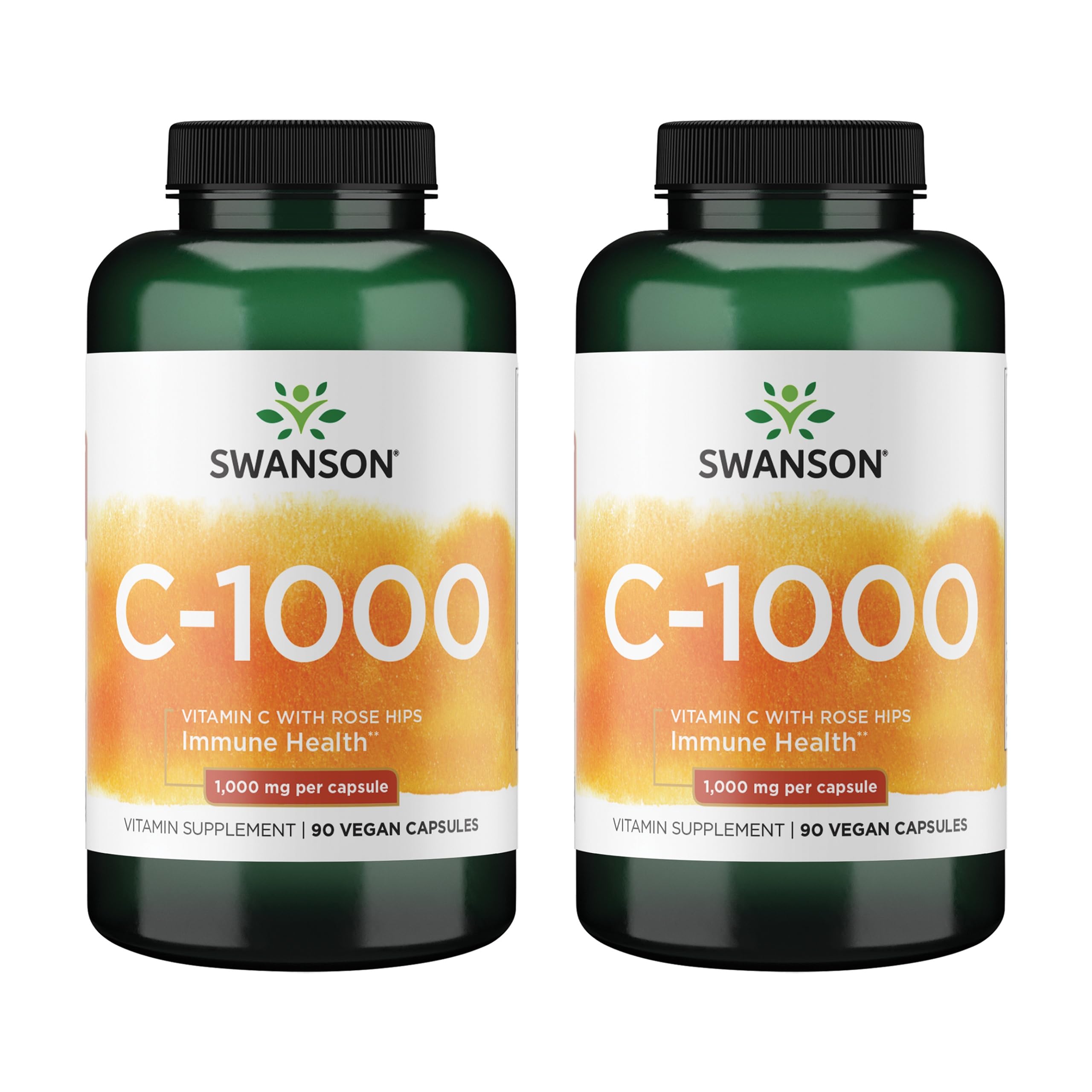 Swanson vitamine C avec rose hips, bouteille et capsules visibles, soutien immunitaire potentiel