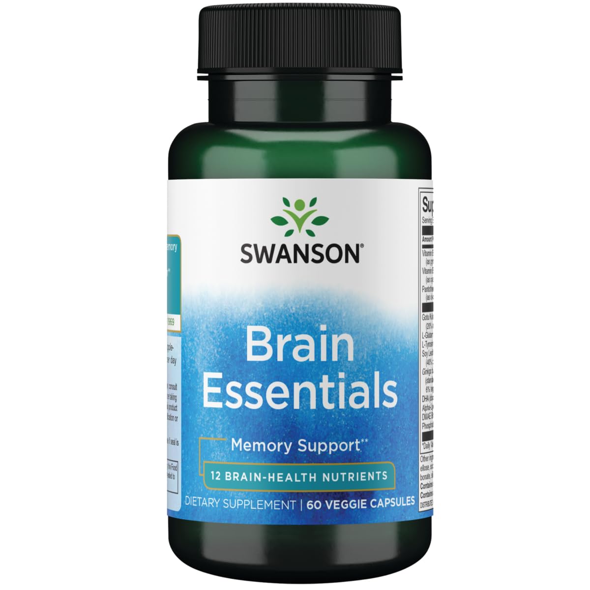Swanson Brain Essentials : bouteille de capsules végétales pour la mémoire et l'attention.