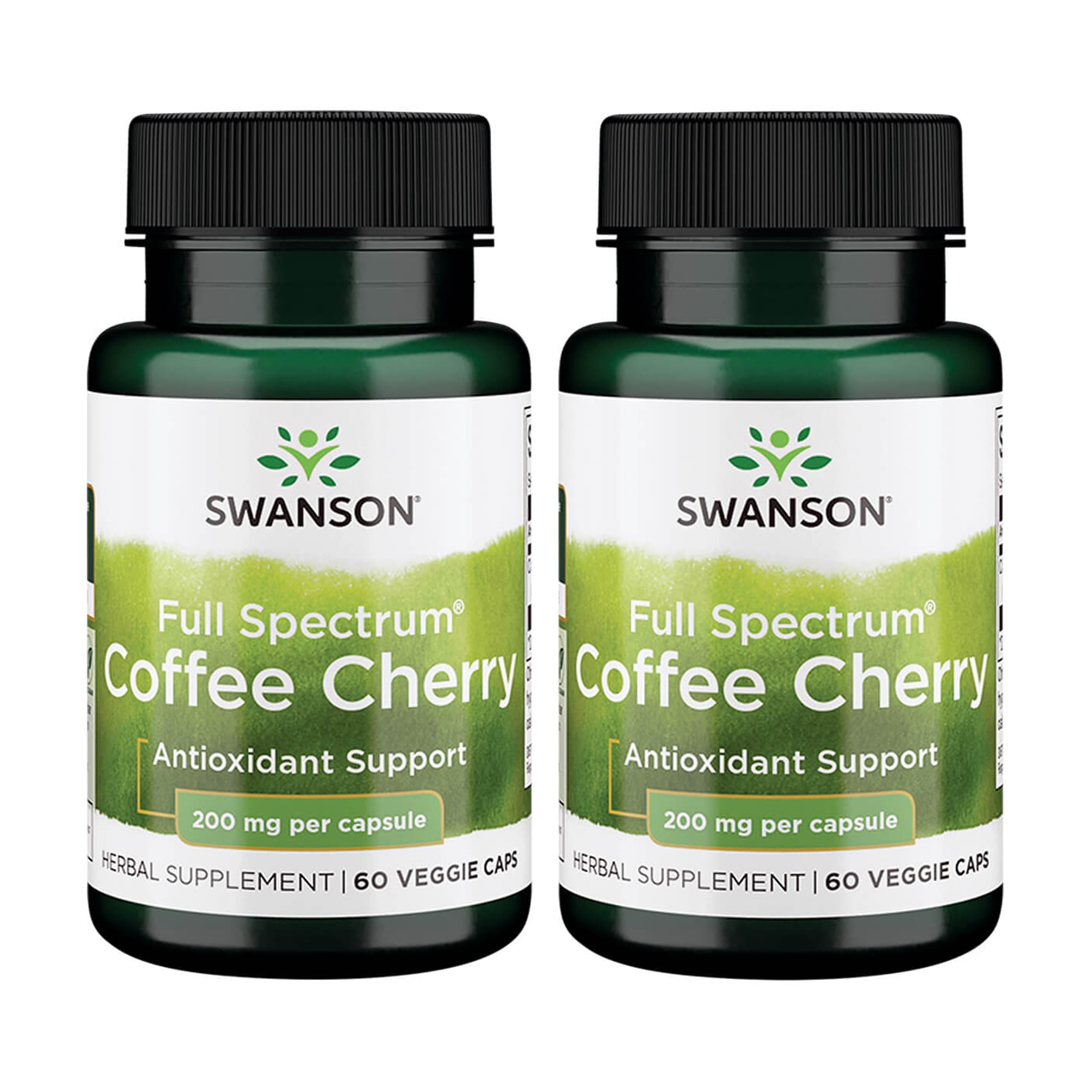 Swanson café cerise, capsules véganes; flacon clair et net démontrant le format pratique.
