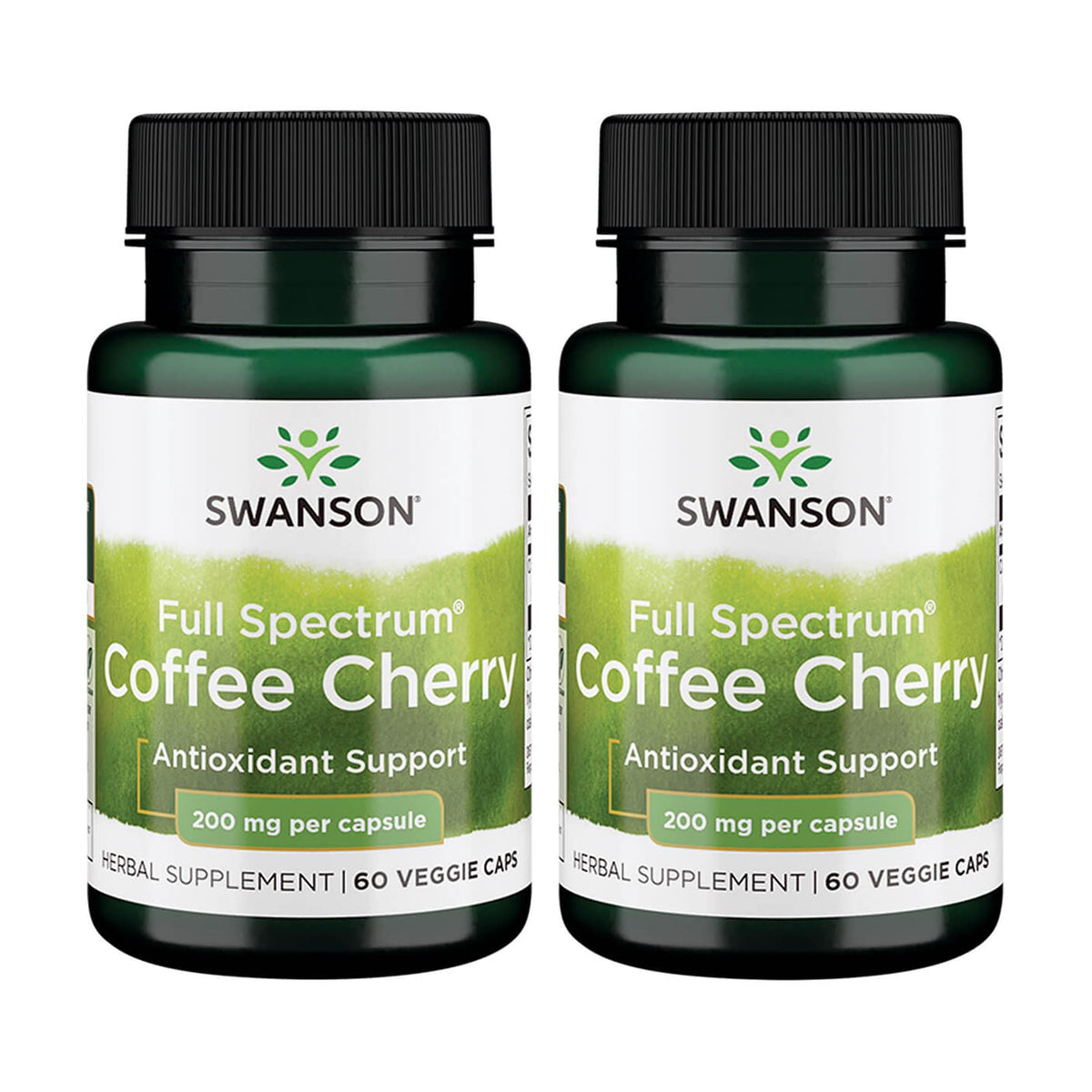 Swanson café cerise, capsules véganes; flacon clair et net démontrant le format pratique.