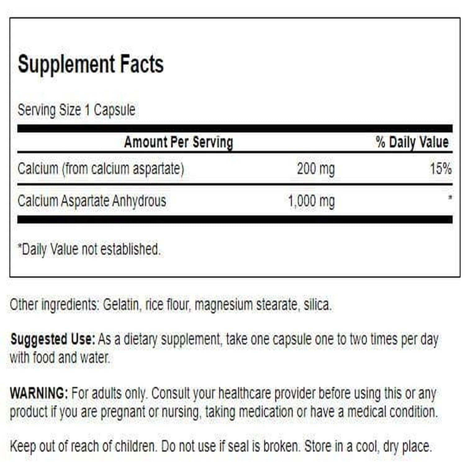 Étiquette lisible Swanson Calcium Aspartate, information claire sur le produit