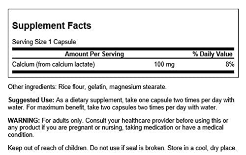 Étiquette Swanson Calcium Lactate 100 mg, présentation claire et information produit