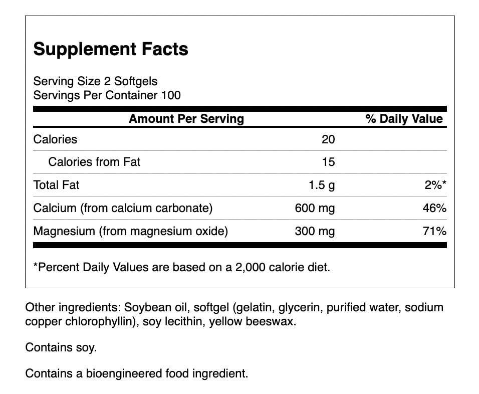 Swanson Calcium et Magnésium Softgel – étiquette produit, formulation concentrée pour une absorption potentielle.