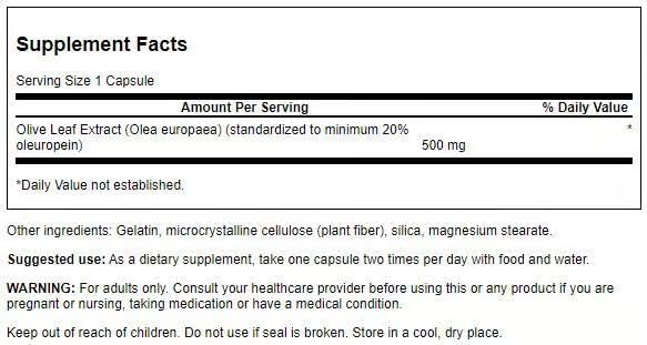 Swanson Capsules Extrait feuille d’olive; format pratique pour usage quotidien.