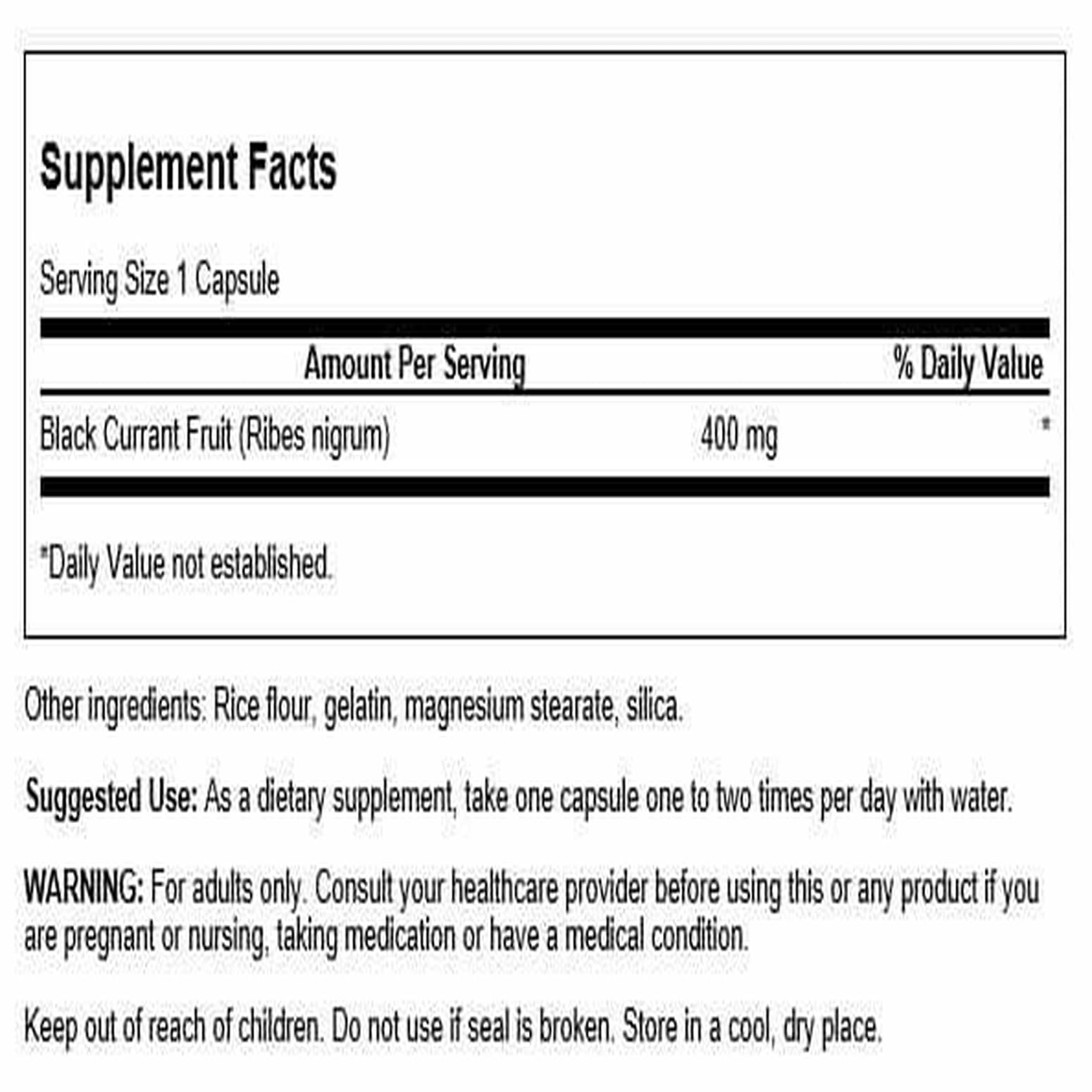 Capsules Swanson cassis noir, 400 mg, usage quotidien potentiel.