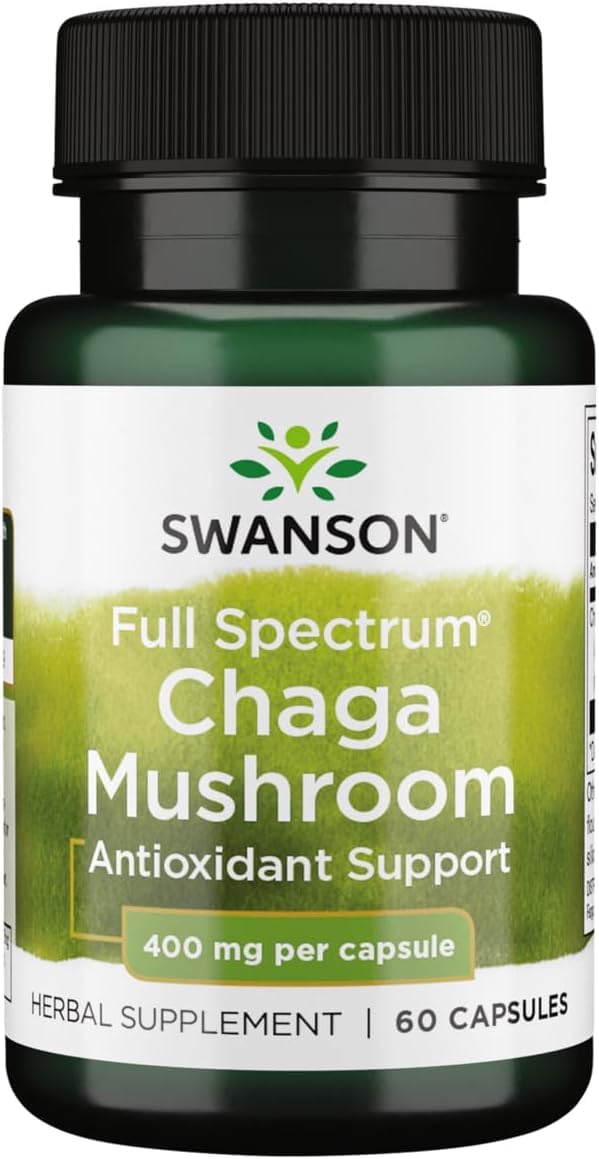 Swanson Chaga champignon spectre complet, emballage bouteille avec pilules — potentiel antioxydant quotidien.