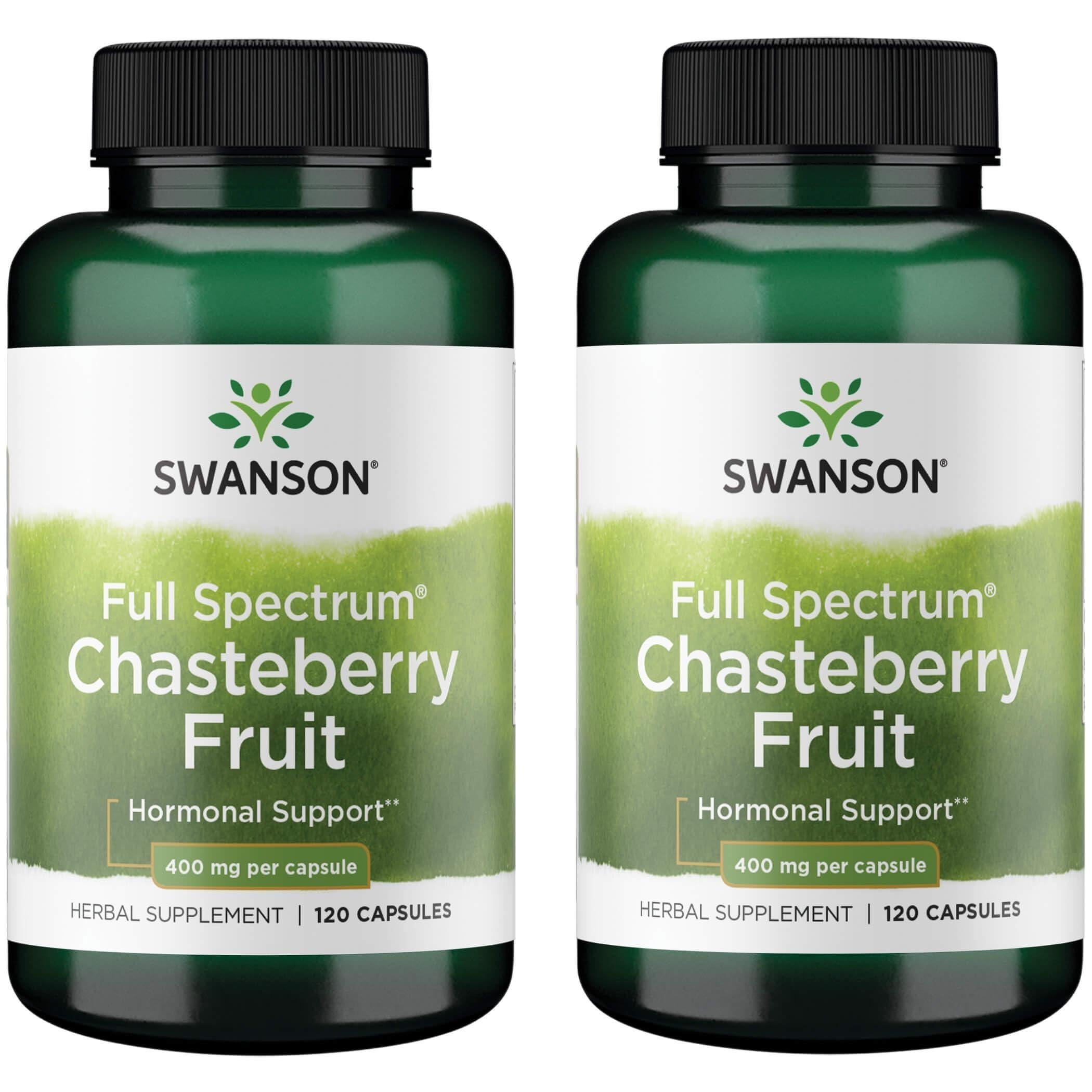 Swanson Chasteberry Fruit, bouteille, soutien potentiel au bien-être féminin et à l'équilibre hormonal.