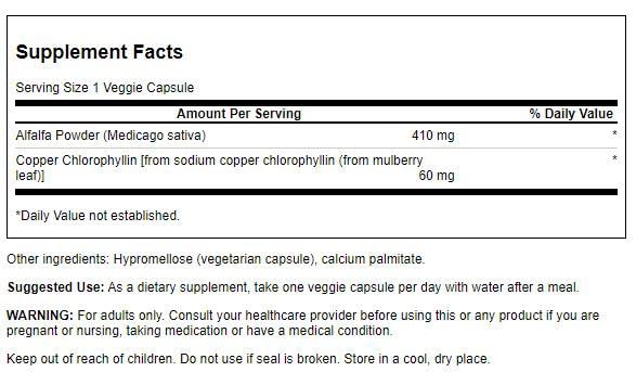 Swanson chlorophylle — étiquette lisible sur la bouteille.