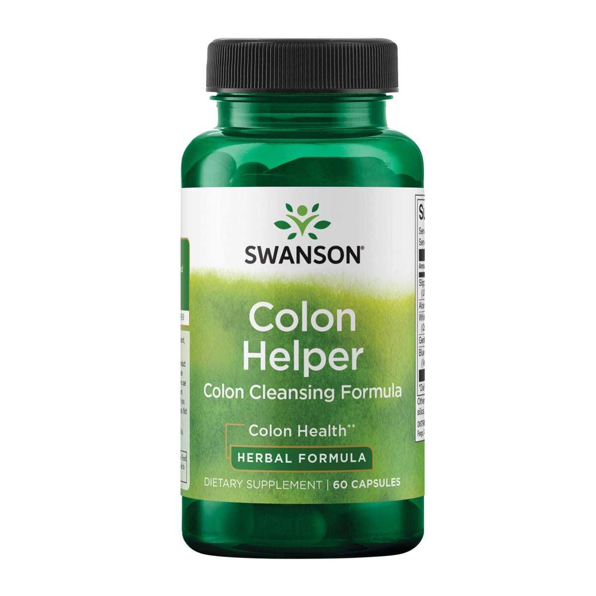 Swanson Colon Helper bouteille etiquette, soutien digestif naturel et pratique au quotidien.