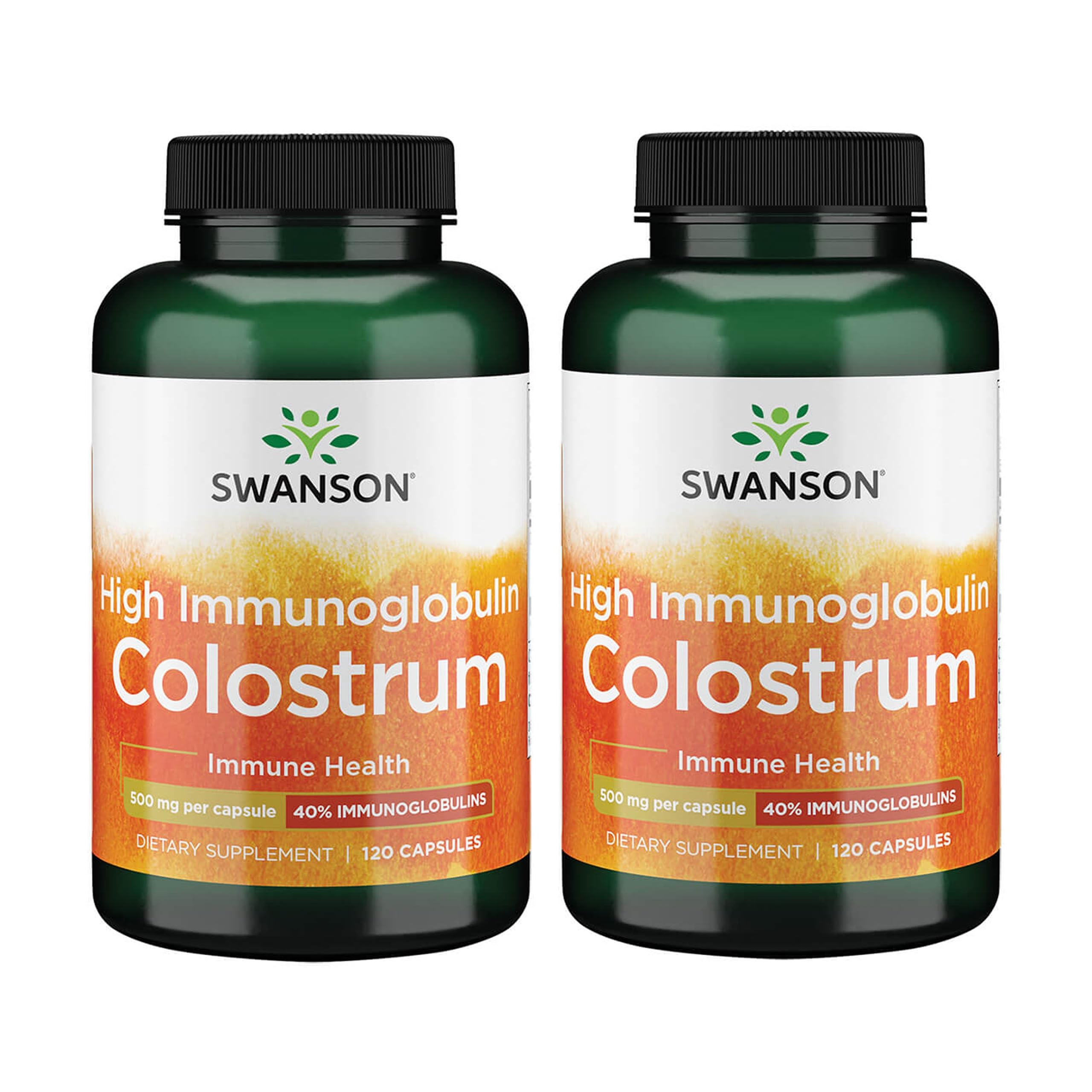 Swanson Colostrum haut Ig 500 mg, bouteille visible, soutien potentiel au système immunitaire.