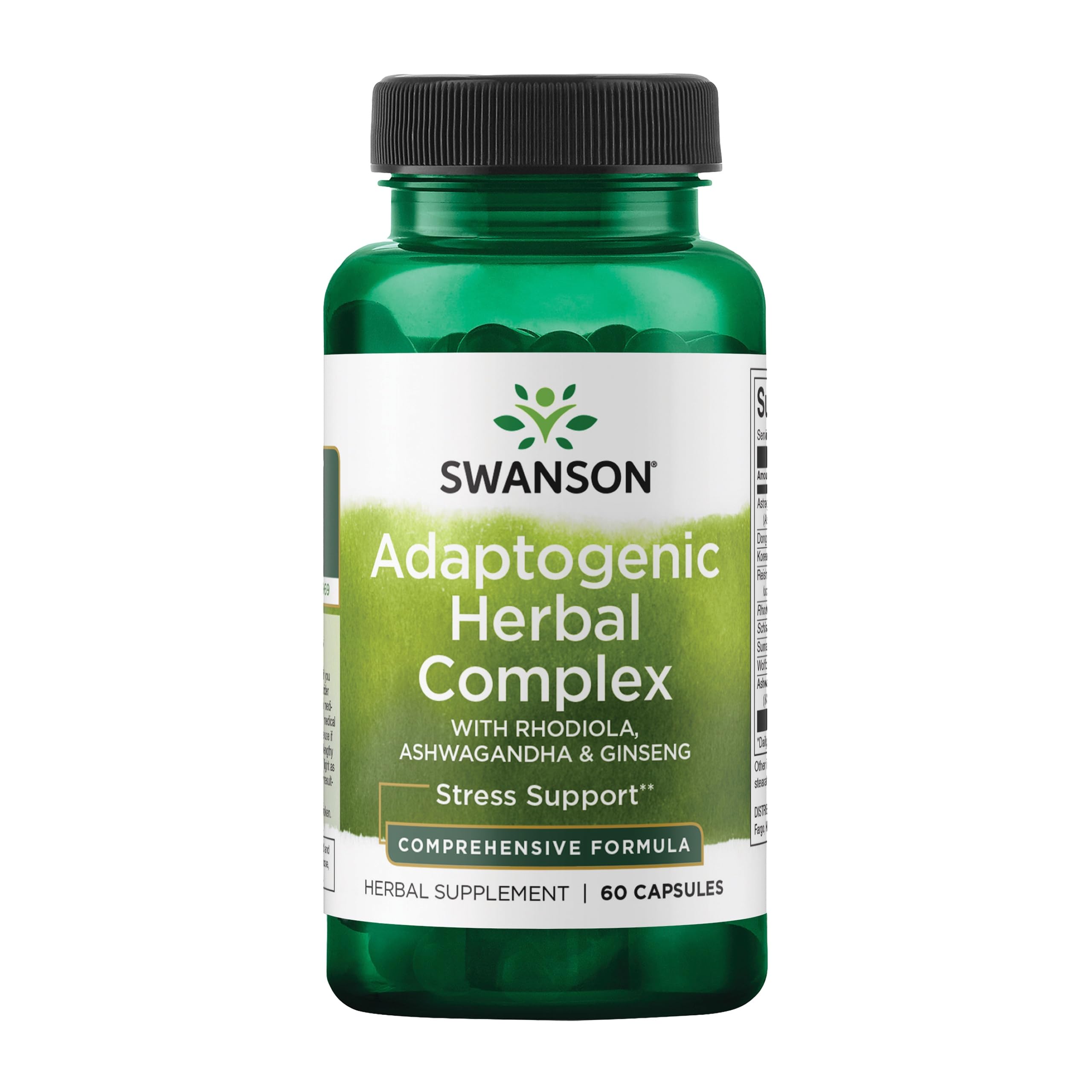 Swanson Complexe Rhodiola Ashwagandha Ginseng en bouteille, soutien potentiel à l'énergie et à la concentration.