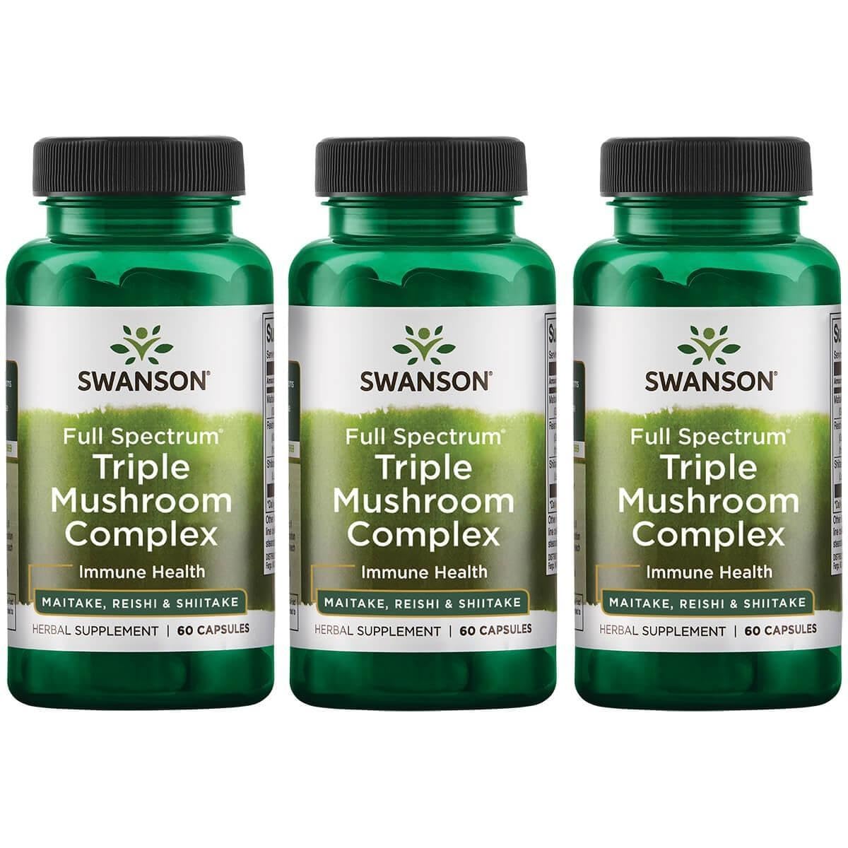 Swanson complexe triple champignons: bouteille et capsules, soutien immunitaire potentiel.