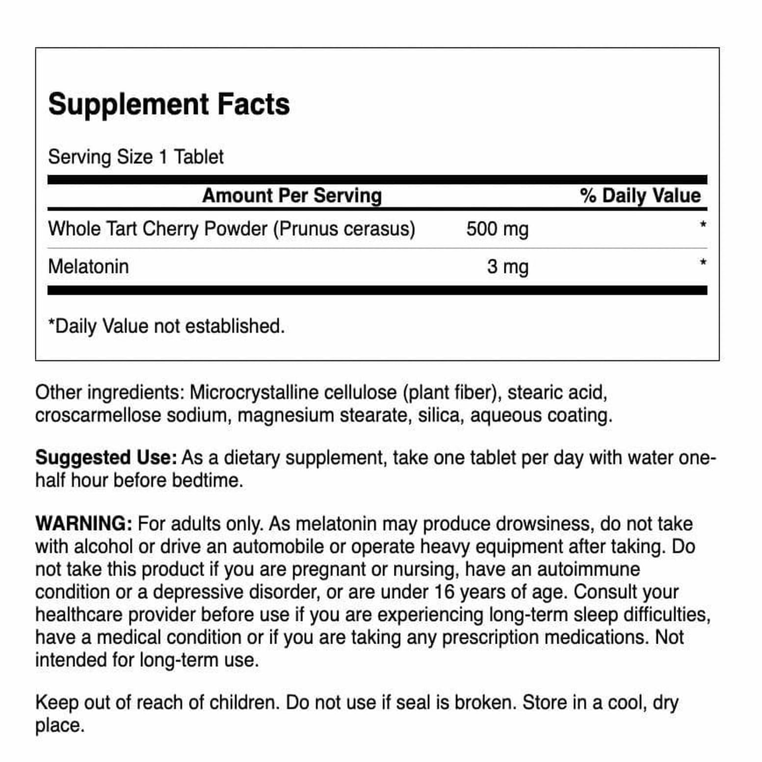 Swanson comprimés tart cerise – comprimés visibles, usage nocturne potentiel.