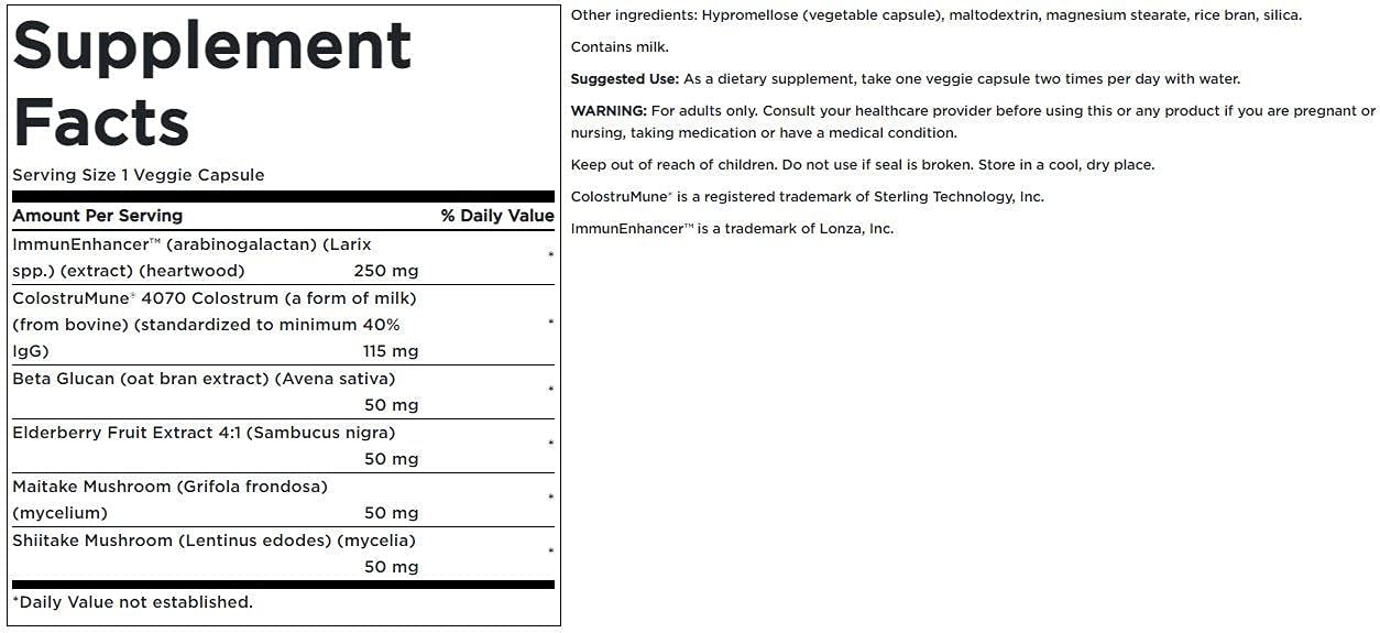 Swanson Cond Immune Essentials – étiquette lisible montrant ingrédients comme le colostrum.