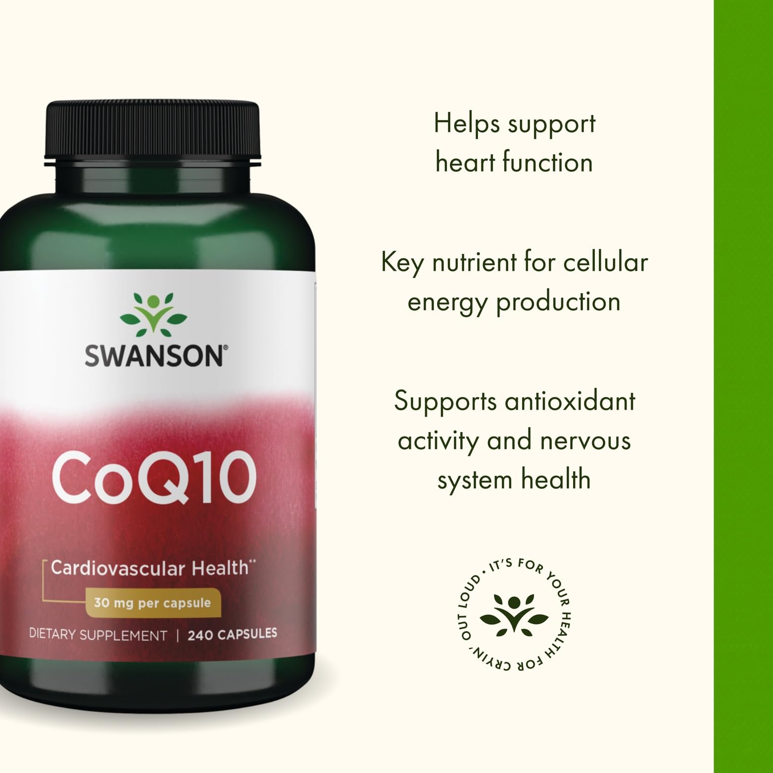 Swanson CoQ10 30 mg, capsules faciles à avaler avec de l’eau.