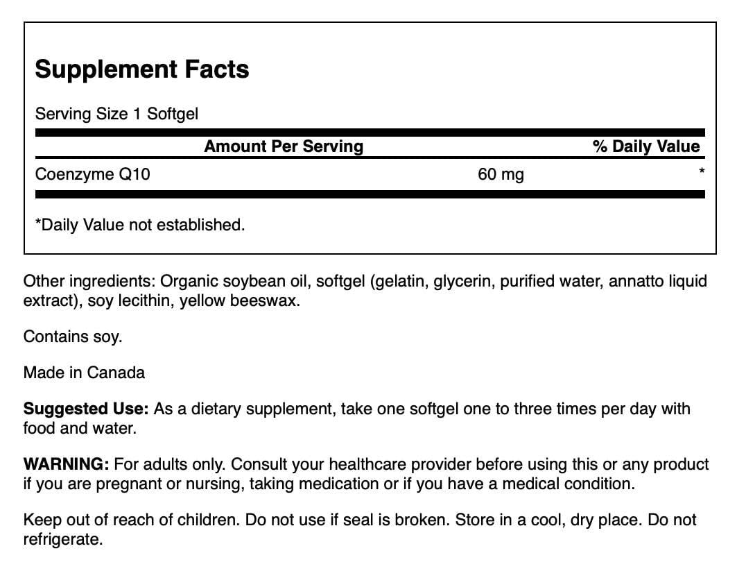 Swanson CoQ10 - étiquette produit claire, soutien potentiel cardiovasculaire et antioxydant.
