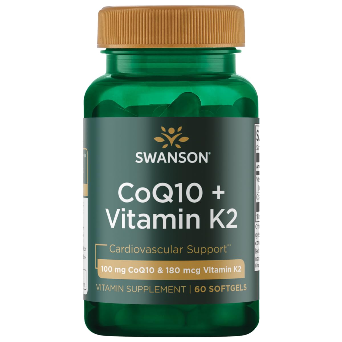 Swanson CoQ10 et vitamine K2, bouteille, soutien potentiel à la flexibilité artérielle.