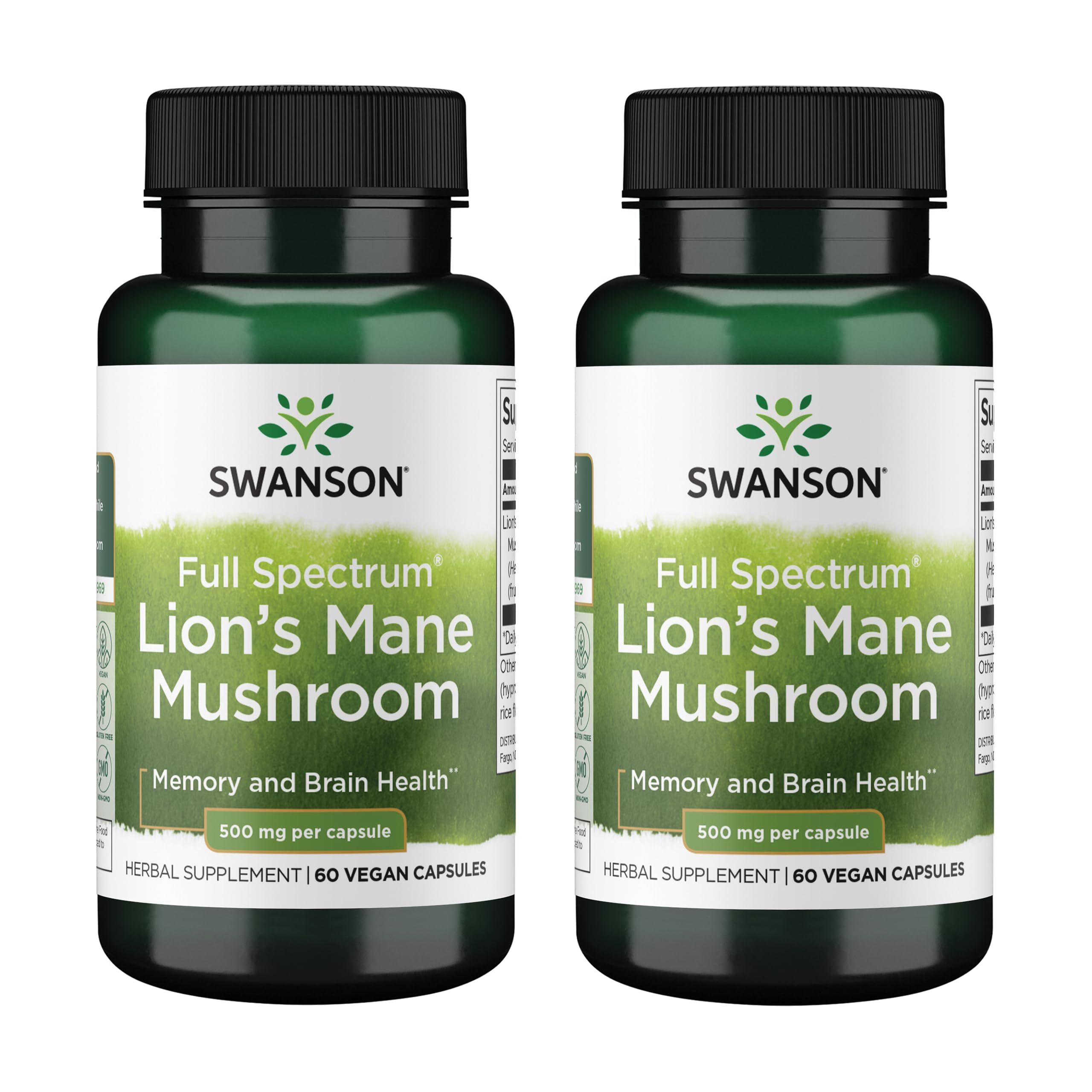 Swanson Crinière de Lion, bouteille montrant gélules 500 mg pour potentiel cognitif