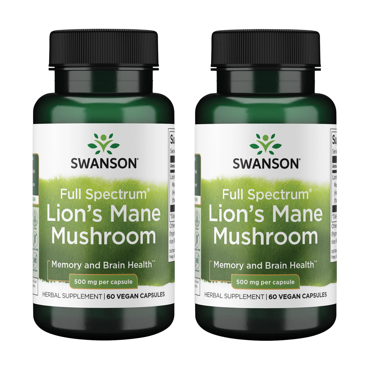 Swanson Crinière de Lion, bouteille montrant gélules 500 mg pour potentiel cognitif