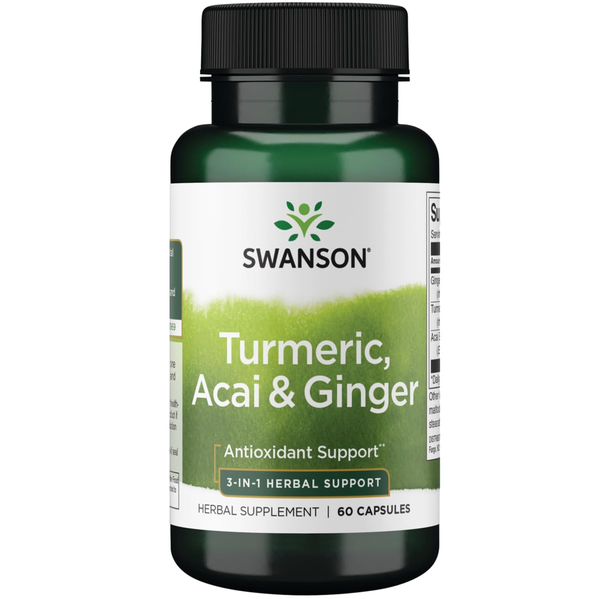 Swanson Curcuma Acai Gingembre – Bouteille visible, soutien antioxydant pour le quotidien.