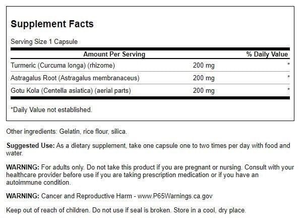 Swanson Curcuma Astragalus Gotu Kola, vue produit, gélules faciles à intégrer dans la routine quotidienne.