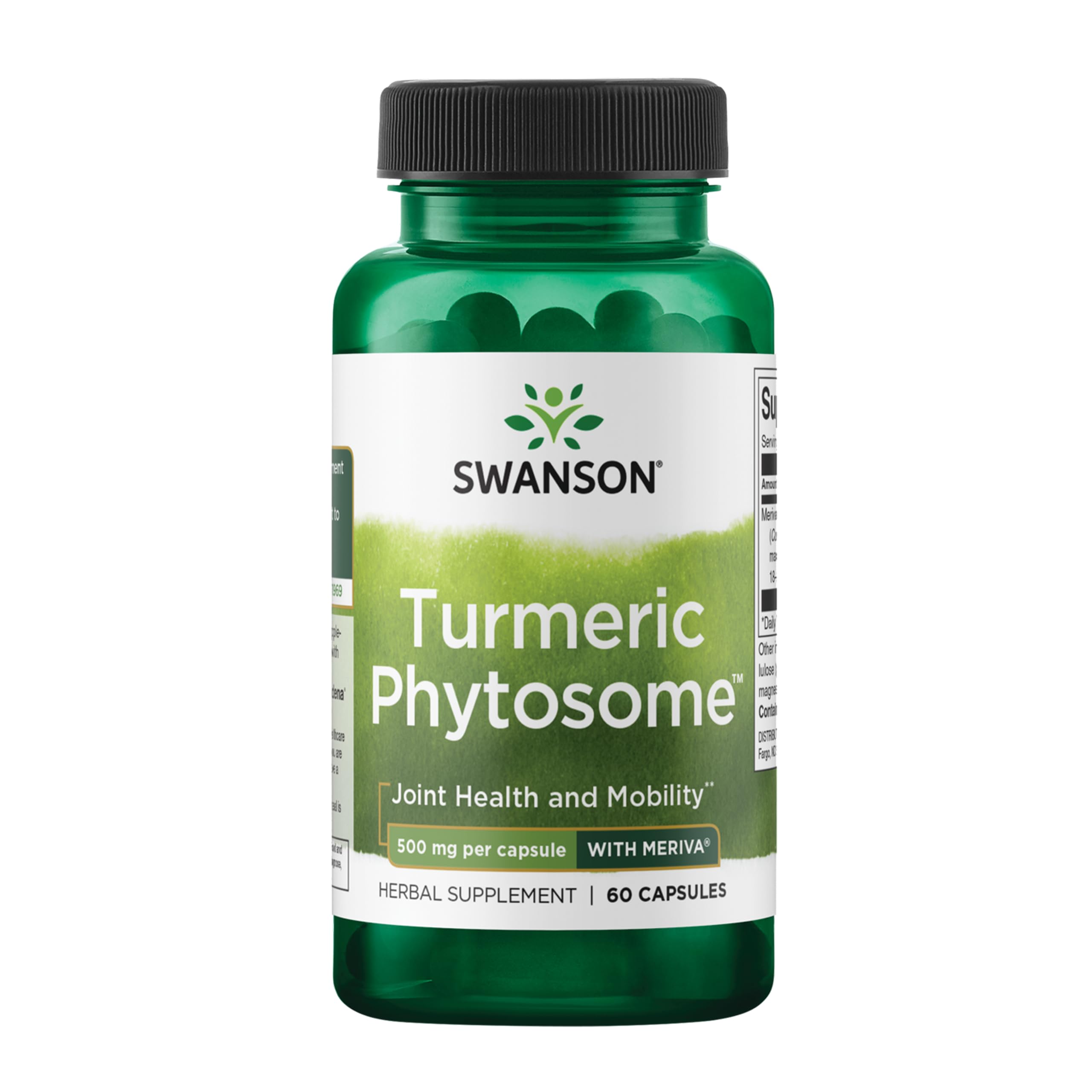 Swanson Curcuma Phytosome Meriva 500 mg — bouteille frontale, soutien potentiel à la mobilité.