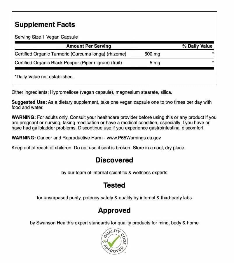 Swanson Curcuma Poivre Noir – gelules veganes, amélioration possible de la mobilité.