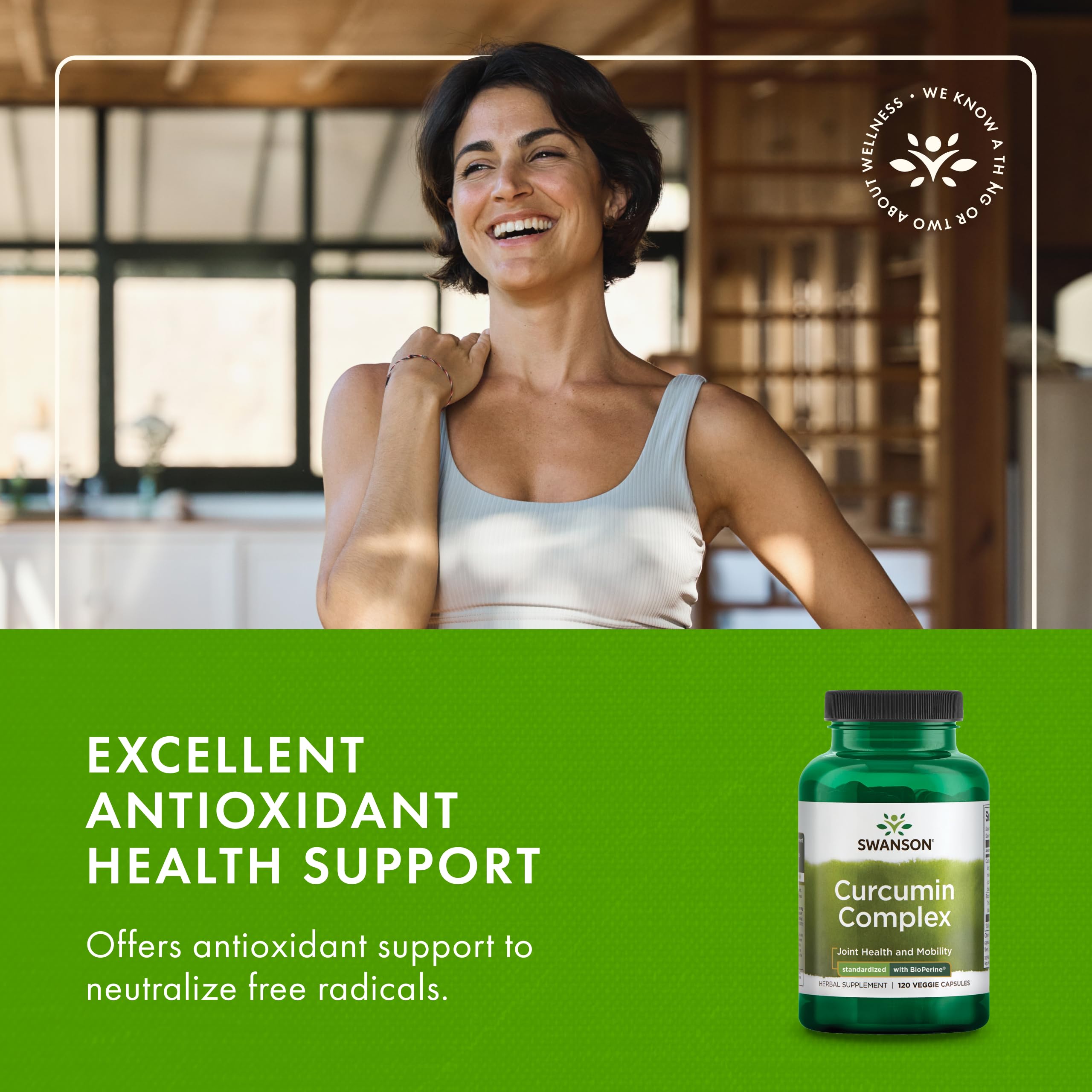 Bouteille Swanson Curcumin Complex sur planche, mise en scène domestique.