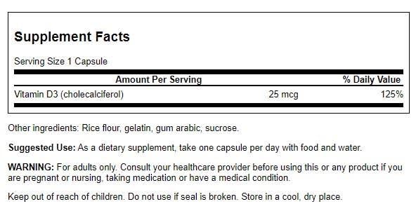 Swanson vitamine D-3 1000 UI capsules : forme active pour une utilisation quotidienne