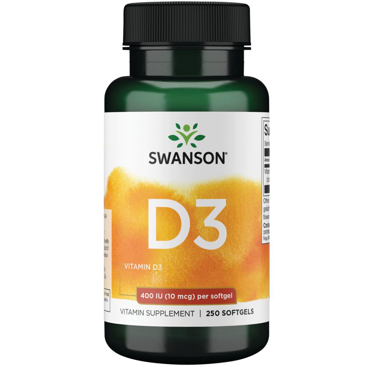 Swanson D3 400 UI - bouteille de capsules, soutien des os et bien-être quotidien.