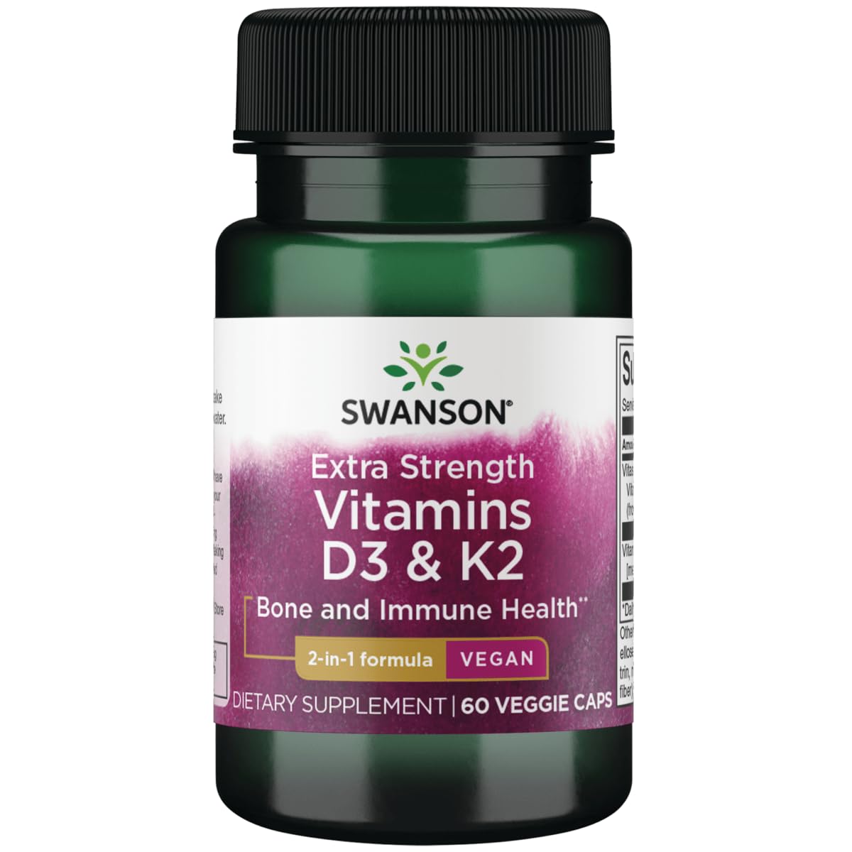 Swanson D3-K2, bouteille végétales montrée, soutien potentiel du calcium.