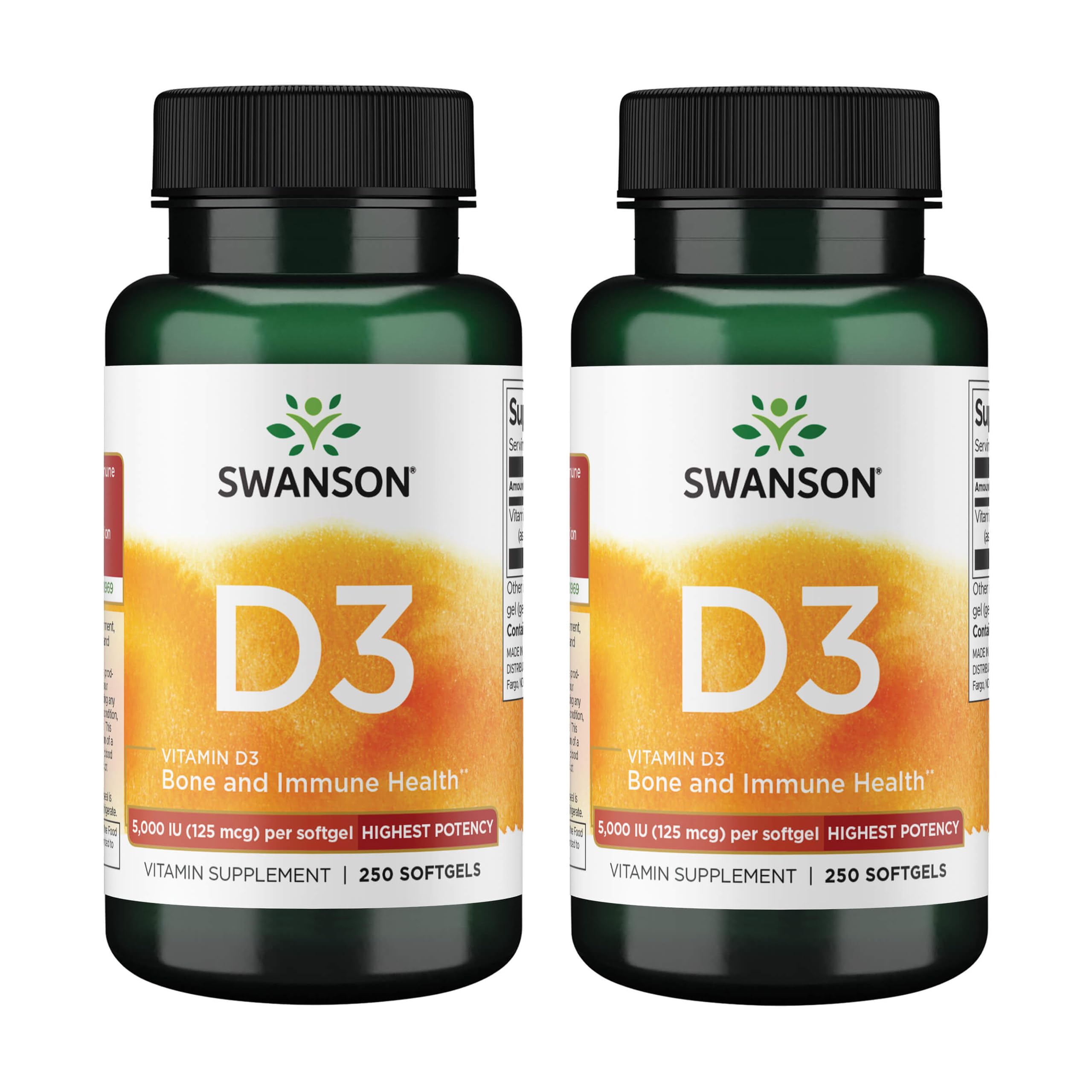 Swanson D3, bouteille avec gélules faciles à avaler et soutien potentiel des os et du système immunitaire.