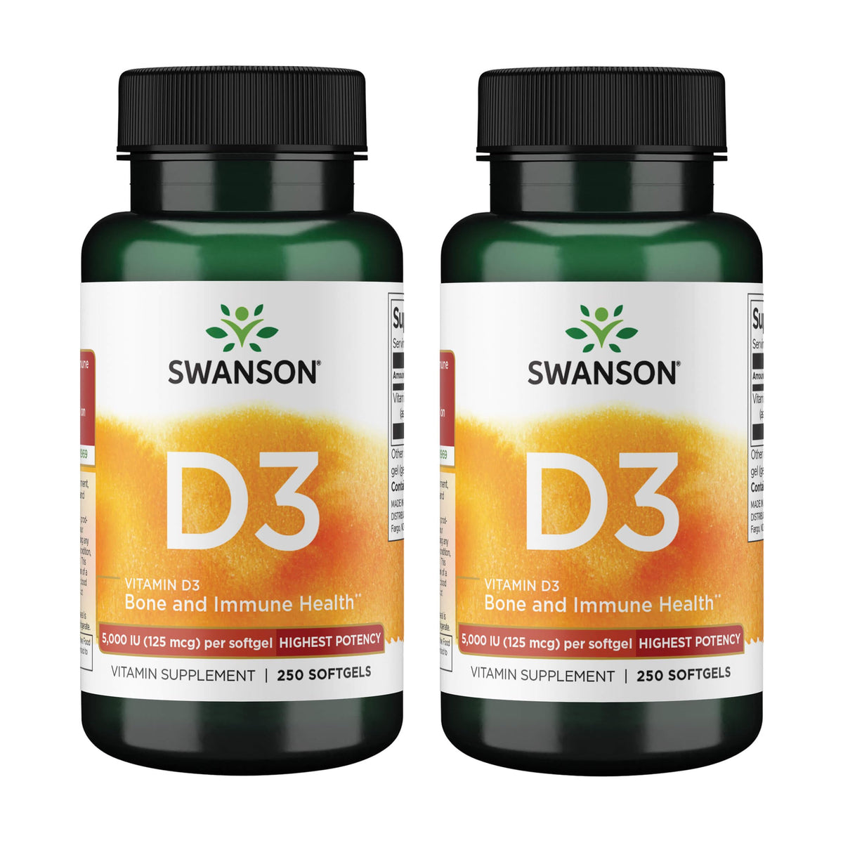 Swanson D3, bouteille avec gélules faciles à avaler et soutien potentiel des os et du système immunitaire.