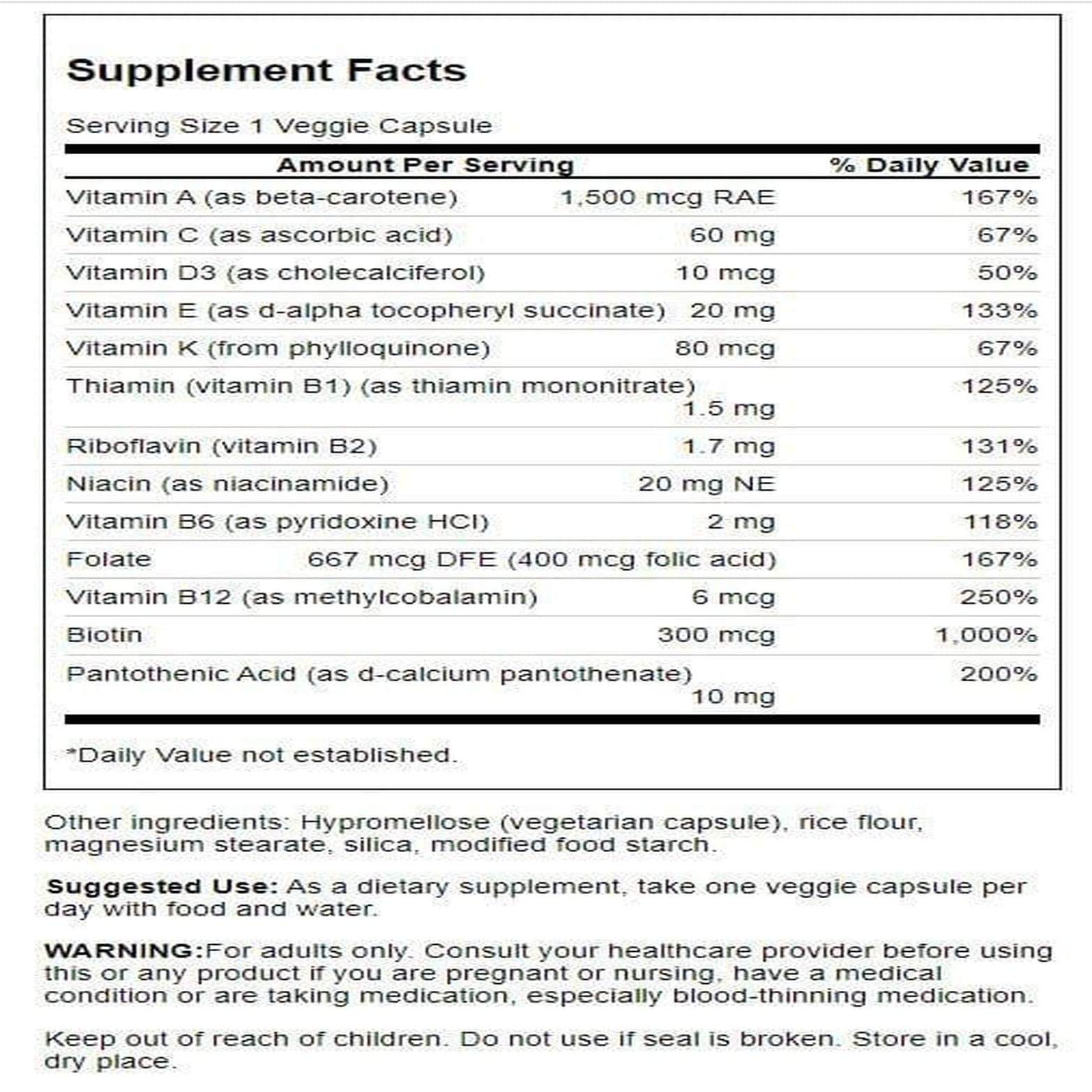 Swanson multivitamine quotidienne sans minéraux — étiquette produit clairement visible