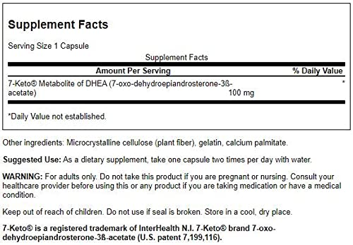 Swanson Diet 7-Keto DHEA 100 mg, étiquette claire indiquant ingrédients et usage possible