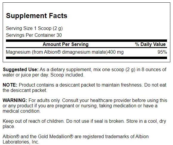 Étiquette Swanson Dimagnesium Malate en gros plan, informations claires.